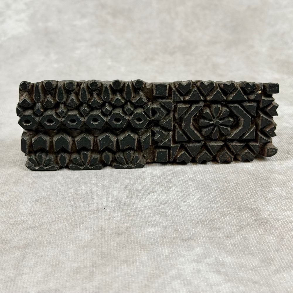 Vintage Hand Carved Wooden Textile Printing Block Geometric Floral Design Stamp